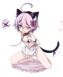  ahoge animal_ears apron bell benghuai_xueyuan bow breasts cat_ears cat_tail collar fake_animal_ears fake_tail female frilled_apron frills full_body hairbow heterochromia honkai_(series) leaning_forward leash looking_at_viewer neck_bell pink_bow pink_hair purple_eyes purple_hair scowl sharp_teeth short_hair simple_background sin_mal sin_mal0909 small_breasts solo tail teeth two_side_up waist_apron white_apron white_background yellow_eyes 