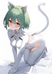  absurdres admiral_nakhimov_(azur_lane) all_fours animal_ears azur_lane back_cutout bed_sheet blush bodysuit breasts cat_ears cat_tail clothing_cutout commentary_request covered_navel female green_hair hair_between_eyes high_heels highres impossible_bodysuit impossible_clothes large_breasts looking_at_viewer mechanical_ears mechanical_tail open_mouth short_hair simple_background solo tail usagi_(786113654) white_background white_bodysuit yellow_eyes 