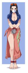  absurdres barefoot blue_jacket bound breasts cleavage female full_body gag highres jacket long_hair looking_at_viewer lost_one_zero nico_robin one_piece restrained sarong solo 