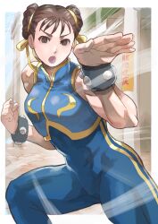  :o absurdres bare_shoulders blue_bodysuit bodysuit border bracelet bright_pupils brown_eyes brown_hair chun-li clenched_hand commentary double_bun female fighting_stance hair_bun hair_ribbon hands_up highres jewelry k_katora lower_teeth_only mandarin_collar outdoors outside_border power_lines ribbon shouting sleeveless sleeveless_bodysuit solo squatting street_fighter studded_bracelet teeth toned_female utility_pole v-shaped_eyebrows white_border white_pupils wind yellow_ribbon 