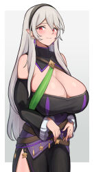  absurdres alternate_breast_size alternate_hairstyle belt black_hairband blush border breasts cleavage closed_mouth commentary_request commission corrin_(female)_(fire_emblem) corrin_(female)_(halloween)_(fire_emblem) corrin_(fire_emblem) english_commentary female fire_emblem fire_emblem_fates fire_emblem_heroes grey_background grey_hair hairband highres huge_breasts long_hair looking_at_viewer mixed-language_commentary official_alternate_costume oruru63100814 outside_border pointy_ears red_eyes simple_background skeb_commission smile solo standing star_(symbol) white_border 