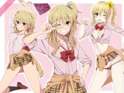  aihara_yuzu animal_print blonde_hair bow bowtie brown_skirt cardigan cardigan_around_waist citrus_(saburouta) clothes_around_waist collared_shirt commentary_request female grin highres leopard_print long_hair long_sleeves looking_at_viewer midriff miniskirt multiple_views navel one_eye_closed one_side_up open_mouth panties pink_background pink_shirt plaid_clothes plaid_skirt pleated_skirt red_bow red_bowtie saint_laurent_paris school_uniform shirt side_ponytail skirt smile tied_shirt underwear v_over_eye yellow_eyes 