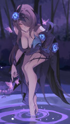  bare_shoulders blue_dress blush breasts cleavage closed_mouth collarbone commentary_request dress female hair_ornament hair_over_one_eye highres honkai_(series) honkai_impact_3rd large_breasts long_hair looking_down night off_shoulder official_alternate_costume one_eye_covered outdoors red_eyes ripples rita_rossweisse rita_rossweisse_(fallen_rosemary) ruo_zhishi_chu_jian standing thighs water 