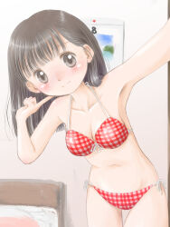  armpits bikini black_eyes black_hair blush bra breasts cleavage female highres long_hair looking_at_viewer medium_breasts navel original panties plaid_bikini plaid_bra plaid_clothes plaid_panties selfie smile solo swimsuit underwear wanda_(wondaba) 