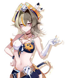  absurdres armband bare_shoulders bikini breasts brown_hair female gloves grey_eyes hair_intakes halterneck hat highres honkai_(series) honkai_impact_3rd large_breasts light_brown_hair looking_at_viewer medium_hair multicolored_hair navel orange_hat pirate_hat shuiyinzijun single_glove smile solo stomach swimsuit sword two-tone_bikini two-tone_hair vill-v vill-v_(i&#039;m_the_storm) weapon white_background white_gloves 