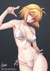  adsouto ahoge alternate_costume arcueid_brunestud bikini blonde_hair breasts collarbone female grin highres medium_breasts navel pointing pointing_at_viewer red_eyes short_hair side-tie_bikini_bottom signature simple_background smile solo swimsuit tsukihime variant_set white_bikini 