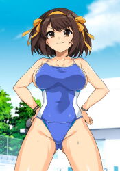  ass_visible_through_thighs blue_one-piece_swimsuit blue_sky breasts brown_eyes brown_hair cleavage closed_mouth cloud collarbone commentary_request covered_navel cowboy_shot day female hair_ribbon hairband hands_on_own_hips haruhisky highres large_breasts medium_hair one-piece_swimsuit ribbon sky smile solo standing suzumiya_haruhi suzumiya_haruhi_no_yuuutsu swimsuit tree yellow_hairband yellow_ribbon 