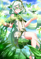  a_thousand_floating_dreams_(genshin_impact) absurdres bare_shoulders bloomers blue_sky bracelet bug butterfly cape cloud cloudy_sky commentary day detached_sleeves dress female floating_hair from_side genshin_impact gold_trim gradient_hair grass green_butterfly green_cape green_eyes green_hair green_sleeves hair_ornament hand_up highres jewelry leaf_hair_ornament light_blush long_hair mayou940114 multicolored_hair nahida_(genshin_impact) outdoors pointy_ears side_ponytail signature sitting sky sleeveless sleeveless_dress smile solo star-shaped_pupils star_(symbol) symbol-shaped_pupils white_bloomers white_dress white_hair 