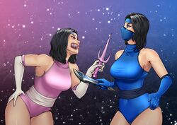  2girls big_thighs black_hair blue_clothing blue_eyes breasts edenian fan fangs female female_only fully_clothed gloves kitana leotard mask masked masked_female mileena mortal_kombat mortal_kombat_2 pink_clothing purple_clothing sai_(weapon) sharp_teeth sisters tarkatan thighs thotlerrr treartz voluptuous voluptuous_female weapon yellow_eyes 