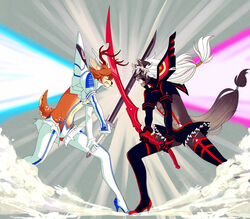 2014 anthro canid canine clothed clothing cosplay crossdressing crossover deer duo femboy fight footwear hair hi_res high_heels holding_melee_weapon holding_object holding_sword holding_weapon jayce_(jayce0rangetail) junketsu kamui_(kill_la_kill) kill_la_kill legwear male mammal manosdetrapo melee_weapon rule_63 ryuko_matoi satsuki_kiryuin senketsu shikoba shoes stockings studio_trigger sword tied_hair weapon