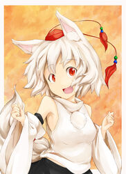 animal_humanoid armwear asian_mythology bare_shoulders canid canid_humanoid canine canine_humanoid canis clothed clothing detached_sleeves east_asian_mythology female hair hat headgear headwear humanoid japanese_mythology kokutei_n looking_at_viewer mammal mammal_humanoid midriff momiji_inubashiri mythology open_mouth red_eyes short_hair silver_hair solo tengu tokin_hat touhou wolf wolf_humanoid wolf_tail yokai