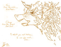 2014 absurd_res broken brown_eyes brown_theme dialogue english_text equid equine foxface glass goina hair hi_res horn looking_at_viewer male mammal mane mythological_creature mythological_equine mythology open_mouth pain poetry sad signature simple_background sketch solo text unicorn white_background