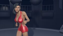  3d athletic_female big_breasts black_hair blue_eyes clothed female fight fighting_pose jollybizz katya_sax ponytail serious serious_look slim_waist sportswear warrior 