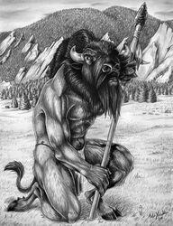  admyrrek american_bison anthro athletic athletic_anthro athletic_male bison bottomwear bovid bovine clothing fingers hooved_fingers hooves horn loincloth male mammal melee_weapon monochrome muscular muscular_anthro muscular_male nipples polearm pubes solo spear vein veiny_hands weapon 