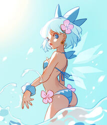  back bikini blue_bikini blue_eyes blue_hair blue_sky cirno commentary_request day earrings female flower hair_flower hair_ornament hair_ribbon hidden_star_in_four_seasons ice ice_wings jewelry looking_at_viewer looking_back luminous_slime open_mouth photoshop_(medium) ribbon short_hair sky solo sunlight swimsuit tan tanned_cirno touhou wading water wings 