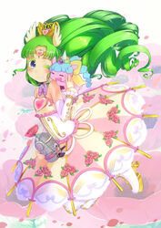  bare_shoulders blush boots colored_eyelashes commentary_request crown detached_sleeves dress drill_hair falulu falulu_(awakened) female flower forehead_jewel gigokku green_hair grey_eyes heart high_heel_boots high_heels jumping long_hair one_eye_closed parted_bangs pretty_series pripara smile solo unicorn_(pripara) 