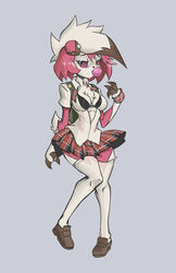  absurd_res anthro anthrofied bottomwear bra canid canine clothed clothing female fur generation_7_pokemon hi_res legwear ly lycanroc mammal midnight_lycanroc miniskirt multicolored_body multicolored_fur nintendo pigeon_toed pink_sclera pokemon pokemon_(species) pokemorph red_body red_fur school_uniform skirt snoutless solo tail_under_skirt tail_upskirt teeth thigh_highs underwear uniform upskirt white_body white_fur 