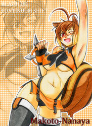  animal_ears antenna_hair arm_up black_panties blazblue breasts brown_hair character_name commentary_request copyright_name crop_top female fingerless_gloves gingham_background gloves highleg highleg_panties kusu_(moo1225) large_breasts looking_at_viewer makoto_nanaya microskirt midriff multicolored_hair navel nib_pen_(medium) one_eye_closed orange_skirt panties red_eyes revealing_clothes skirt smile solo squirrel_ears squirrel_girl squirrel_tail tail tonfa traditional_media two-tone_hair underboob underwear watercolor_pencil_(medium) weapon zoom_layer 