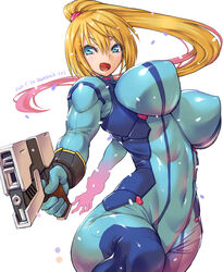  1female 1girl 1girls 2d 2d_(artwork) amania_orz beauty_mark big_breasts blonde_female blonde_hair blue_eyes bodysuit drawing drawn fit fit_female gun large_breasts long_hair metroid mole_under_mouth muscular muscular_female nintendo open_mouth pink_highlights plain_background ponytail pose posing posing_for_the_viewer posing_with_weapon samus_aran scrunchie signature smile smiling smiling_at_viewer solo solo_female solo_focus tight_clothing weapon weapon_in_hand white_background zero_suit zero_suit_samus 