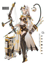  absurdres alternate_costume animal_ears arknights armor armored_boots arrow_(projectile) bag barcode bikini bikini_top_only black_armor black_bikini black_choker black_shorts boots bow_(weapon) breasts candy cat_ears cat_girl cat_tail character_name chinese_commentary choker chupa_chups cleavage coat commentary_request copyright_name crop_top cyberpunk earclip extra_ears female food full_body grey_hair hair_between_eyes highres holding holding_bow_(weapon) holding_weapon krao large_breasts lollipop long_hair long_sleeves looking_at_viewer mouth_hold navel ponytail quiver schwarz_(arknights) short_shorts shorts shrug_(clothing) sidelocks simple_background solo standing stomach swimsuit tail teeth upper_teeth_only visor_cap weapon white_background white_coat yellow_eyes 