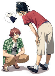  2boys :d akiyama_hiroyuki bangs black_footwear black_hair blue_eyes brown_hair brown_pants clothes_writing commentary_request employee_uniform eye_contact green_hair green_shirt hair_between_eyes hands_on_own_knees haru_(no_thank_you!!!) high_ponytail highres leaning_forward leg_hair looking_at_another male_focus multiple_boys no_thank_you!!! open_clothes open_mouth open_shirt pants plaid plaid_shirt red_shirt sandals sayshownen shadow shiny shiny_hair shirt shoes short_hair short_sleeves simple_background smile socks speech_bubble spoken_object squatting standing striped striped_legwear uniform vertical-striped_legwear vertical_stripes white_background white_shirt 