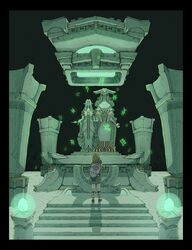  1boy archaic_set_(zelda) black_border blonde_hair border glowing glyph highres lantern link nimo_(mo_nimo_2) rauru_(tears_of_the_kingdom) sandals scenery shield shield_on_back shrine solo sonia_(zelda) standing statue the_legend_of_zelda the_legend_of_zelda:_tears_of_the_kingdom 