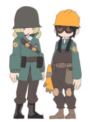  2girls black_hair blonde_hair blu_engineer_(tf2) blu_engineer_(tf2)_(cosplay) blu_soldier_(tf2) blu_soldier_(tf2)_(cosplay) blue_eyes boots chito_(shoujo_shuumatsu_ryokou) cosplay dreaminerryday engineer_(tf2) engineer_(tf2)_(cosplay) explosive goggles grenade hard_hat helmet knee_pads multiple_girls shoujo_shuumatsu_ryokou soldier_(tf2) soldier_(tf2)_(cosplay) source_request team_fortress_2 welding_goggles yuuri_(shoujo_shuumatsu_ryokou) 