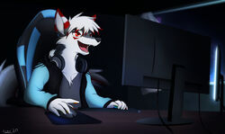  anthro canid canine canis chair clothed clothing computer_monitor computer_mouse curtains electronics fur fur_markings furniture gaming_chair giru_(artist) grey_body grey_fur hair happy headphones headphones_around_neck jacket keyboard kiba_(kibawolf33) looking_at_monitor male mammal markings monitor mousepad night on_chair open_clothing open_mouth open_topwear orange_eyes pawpads red_body red_eyes red_fur red_hair red_pawpads sitting solo table topwear white_body white_fur white_hair window wire wolf 