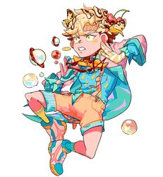  1boy alternate_costume banana banana_print banana_split battle_tendency blue_shirt breast_pocket bulzizzang caesar_anthonio_zeppeli cherry chocolate_syrup fingerless_gloves food food_on_head fruit full_body gloves highres jacket jojo_no_kimyou_na_bouken long_sleeves male_focus object_on_head parted_lips pocket print_shirt shirt shirt_tucked_in shoes shorts simple_background solo striped_clothes striped_gloves suspenders white_background yellow_eyes yellow_shorts 