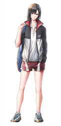  badminton bag bare_legs black_hair carrying_over_shoulder commentary_request de_mo_ne female full_body hand_in_pocket hanebado! highres jacket looking_at_viewer photoshop_(medium) purple_eyes red_shorts shiwahime_yuika shoes short_hair shorts simple_background sneakers solo sportswear standing track_jacket white_background 