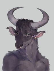  anthro black_hair black_nose bovid bovine brown_eyes bust_portrait cattle conditional_dnp curved_horn dark_body dark_fur ear_piercing ear_ring facial_piercing fur grey_body grey_fur grey_horn hair hi_res horn lacrimal_caruncle looking_aside male mammal nose_piercing nose_ring nude piercing portrait ring_piercing simple_background solo tgt1512 white_background 