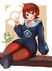  absurdres arezu_(pokemon) arm_support blue_hoodie blush breasts collarbone commentary_request cowlick female gradient_legwear grey_jacket hand_up highres hisuian_lilligant hood hoodie jacket long_sleeves open_mouth pantyhose pantyhose_under_shorts poke_ball_symbol pokemon pokemon_(creature) pokemon_legends:_arceus red_hair shiny_clothes short_hair shorts sitting smile tongue v wakaba_(wata_ridley) 