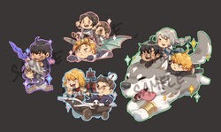  3girls 6+boys absurdres barnabas_tharmr black_hair blonde_hair boat brothers brown_hair carrying chibi cidolfus_telamon clive_rosfield dion_lesage dragon_wings father_and_daughter final_fantasy final_fantasy_xvi flying grey_hair highres jill_warrick joshua_rosfield kihel_(ff16) midadol_telamon multiple_boys multiple_girls piggyback riding siblings silketara sleipnir_harbard smile sparkle sword terrence_(ff16) torgal_(ff16) watercraft weapon wings wolf 