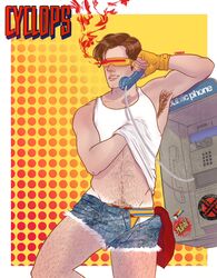  1boy abs biceps cyclops_(x-men) hairy hairy_armpits hairy_chest human human_only light-skinned_male light_skin male male_only marvel masked muscular muscular_male payphone phone roasif scott_summers shirt_lift short_shorts skimpy solo tanlines telephone uncensored x-men yaoi 