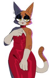  1girls 2d blush blushing dress ear_piercing earring epic_games female female_only flat_chest flat_chested fortnite lipstick looking_at_viewer meow_skulls_(fortnite) monotone_background necklace red_dress simple_background sleeveless_dress small_claws spiky_ears sssonic2 tagme tricolor_fur white_background yellow_eyes 