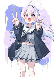  :d absurdres ahoge black_coat black_neckerchief blue_archive blue_hair coat commentary_request double_v feet_out_of_frame female grey_serafuku grey_shirt grey_skirt hair_ornament halo hands_up highres korean_commentary long_hair long_sleeves looking_at_viewer low_twintails midriff_peek multicolored_hair navel neckerchief open_mouth pepsi2330 pink_hair purple_eyes reisa_(blue_archive) sailor_collar school_uniform serafuku shirt skirt smile solo star_(symbol) star_hair_ornament star_halo twintails v white_sailor_collar 