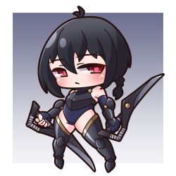  absurdres armored_boots black_footwear black_hair blue_gloves blue_leotard blush boots braid cancer_(zodiac) chibi closed_mouth commentary_request dual_wielding female fingerless_gloves full_body gloves gradient_background grey_background hair_between_eyes highres holding holding_weapon leotard looking_at_viewer original personification red_eyes saishosaisekojo solo standing thigh_boots weapon weapon_request zodiac 