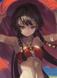  akefumi armpits blue_gemstone braid breasts brown_hair cloak female gem gold_necklace gold_pendant hair_ornament highres jewelry long_hair looking_at_viewer navel necklace original partially_shaded_face pendant red_cloak red_eyes red_tank_top side_braid small_breasts solo_focus string_around_neck tan tank_top twin_braids twintails upper_body very_long_hair 