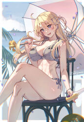  alternate_costume alternate_hairstyle atlanta_(kancolle) atlanta_(kancolle)_(cosplay) atlanta_(swimsuit_mode)_(kancolle) battleship bikini blonde_hair blue_eyes bottle breasts chair commentary cosplay crossed_legs day female grey_bikini hair_between_eyes hair_ornament heart highres himeyamato holding holding_bottle holding_umbrella iowa_(kancolle) kantai_collection large_breasts long_hair military_vehicle ocean open_mouth outdoors paid_reward_available ship side-tie_bikini_bottom sitting solo star-shaped_pupils star_(symbol) star_hair_ornament swimsuit symbol-shaped_pupils umbrella very_long_hair warship watercraft 