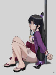  arms_behind_back bare_legs black_hair blue_eyes blunt_ends bound bound_wrists breasts closed_mouth cuffs feet female full_body grey_background gyakuten_saiban hair_ornament handcuffs highres jacket japanese_clothes kimono legs long_hair long_sleeves looking_at_viewer low_ponytail maya_fey obi on_ground pink_kimono purple_jacket red_sash sandals sash shadow sharpffffff short_kimono sidelocks signature simple_background sitting small_breasts solo toenails toes very_long_hair 