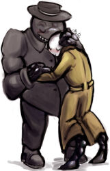  affectionate alien alien_humanoid animal_humanoid arthropod arthropod_humanoid black_body black_skin blush bottomless bottomwear carapacian closed_eyes clothed clothing coat coat_only digital_media_(artwork) disgustiphage duo female footwear hand_on_head hat headgear headwear hearts_boxcars homestuck hug hugging_another humanoid male male/male ms_paint_adventures open_mouth pickle_inspector problem_sleuth sharp_teeth simple_background smile teeth topwear topwear_only trenchcoat webcomic 