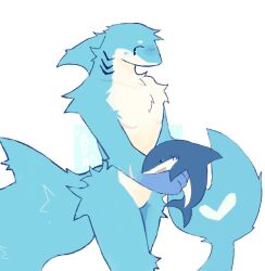  2024 black_eyes blue_body blue_fur blush blush_lines bodily_fluids bunonthemoon fish fur furred_shark holding_object holding_plushie male marine nude_anthro nude_male plushie shark solo sweat sweatdrop white_body white_fur 