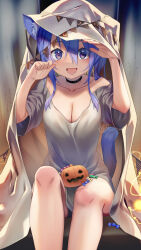  :d animal_ear_fluff animal_ears black_collar blue_hair breasts cat_ears cat_girl cat_tail cleavage collar collarbone commentary_request dress duplicate female hair_between_eyes halloween highres jack-o&#039;-lantern long_hair looking_at_viewer medium_breasts mitake_eil open_mouth original pumpkin purple_eyes sitting smile solo tail white_dress 