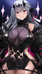  :3 armpit_crease bandaged_head bandages black_background black_ribbon black_sleeves black_tiara breasts cleavage closed_mouth cowboy_shot detached_sleeves female goddess_of_victory:_nikke gradient_background grey_hair hair_ribbon highres kanzaki_kureha large_breasts light_blush long_hair looking_at_viewer modernia_(nikke) modernia_(second_affection)_(nikke) navel official_alternate_costume purple_background red_eyes red_ribbon ribbon see-through see-through_cleavage sideless_outfit smile solo sparkle starry_background thick_thighs thighs tiara 