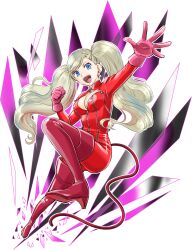  absurdres blonde_hair blue_eyes bodysuit boots breasts cleavage earrings female full-length_zipper gloves hair_ornament hairclip high_heel_boots high_heels highres jewelry long_hair looking_at_viewer mask medium_breasts open_mouth persona persona_5 pink_gloves red_bodysuit sanri_youko simple_background smile solo takamaki_anne twintails whip white_background zipper 