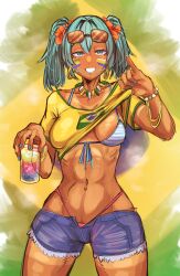  abs absurdres aqua_eyes aqua_hair bikini bracelet brazilian_flag_print brazilian_miku breasts clothes_lift cup denim denim_shorts earrings eyebrows_hidden_by_hair eyewear_on_head facial_tattoo female full_body hair_between_eyes hatsune_miku highres holding holding_cup jersey jewelry lifting_own_clothes looking_at_viewer medium_breasts medium_hair mismatched_bikini nail_polish navel navel_piercing open_mouth piercing shirt shirt_lift short_shorts short_twintails shorts smile solo stomach sunglasses swimsuit tan tanlines tattoo teeth tofulott_e111 twintails vocaloid yellow_shirt 