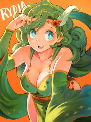  absurdres blue_eyes breasts bright_pupils cape character_name circlet cleavage detached_sleeves earrings english_text feather_hair_ornament feathers female final_fantasy final_fantasy_iv forehead_jewel gem green_arm_warmers green_cape green_hair green_leotard green_sleeves hair_ornament hand_in_own_hair hand_up highres jewelry large_breasts leaning_forward leotard light_blush long_hair long_sleeves looking_at_viewer open_mouth orange_background pelvic_curtain red_gemstone rydia_(ff4) sho.t smile solo star_(symbol) star_earrings star_print white_pupils wide_sleeves 