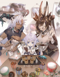  +_+ 3girls ahoge animal_ears arumu baking_sheet blue_eyes blurry blurry_background book bowl breasts brown_hair chocolate_making cleavage cleavage_cutout closed_eyes clothing_cutout cup cupcake dark-skinned_female dark_skin detached_sleeves dress fediel_(granblue_fantasy) food food_on_face galleon_(granblue_fantasy) gloves granblue_fantasy hagoromo highres holding holding_pastry_bag holding_whisk horns large_breasts long_hair medium_breasts multicolored_hair multiple_girls navel oerba_yun_fang oven_mitts pastry_bag plate pointy_ears red_eyes shawl short_hair sidelocks sleeveless sleeveless_dress smile standing streaked_hair table teacup triangle_mouth twitter_username veil wamdus_(granblue_fantasy) whisk white_gloves white_hair 