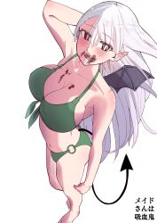  absurdres arm_behind_head barefoot bat_wings bikini blood blood_on_breasts blood_on_face blush breasts bright_pupils cleavage collarbone commentary_request demon_tail fangs female from_above front-tie_bikini_top front-tie_top green_bikini highres large_breasts long_hair looking_at_viewer mini_wings navel o-ring o-ring_bikini open_mouth original pointy_ears red_eyes simple_background slit_pupils smile solo standing swept_bangs swimsuit tail translation_request vampire white_background white_hair white_pupils wings yasu4ge 