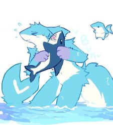  2024 blue_body blue_fur blush blush_lines bodily_fluids bunonthemoon fish fur furred_shark holding_object holding_plushie male marine nude_anthro nude_male partially_submerged plushie scared shark solo sweat sweatdrop white_body white_fur 